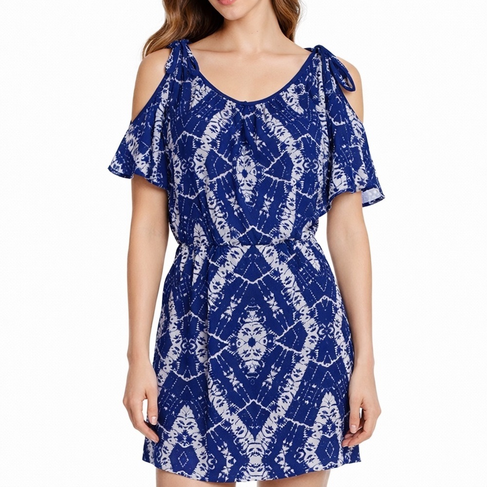 Rebecca Taylor Women Silk Cold Shoulder Dress Blue White Size 4